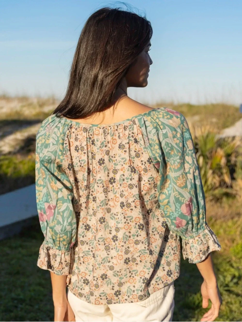 Natural Life Magnolia Cotton Top Seafoam Floral Bohemian Mixed Print 100% Cotton - Picture 2 of 9